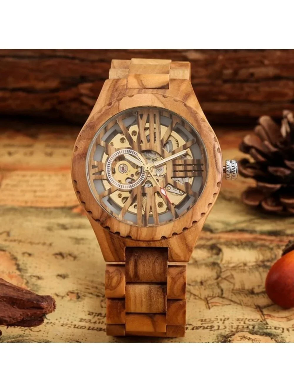 Men's Beige Analog Quartz No Battery Fashion Mechanical Movement Wooden Watch